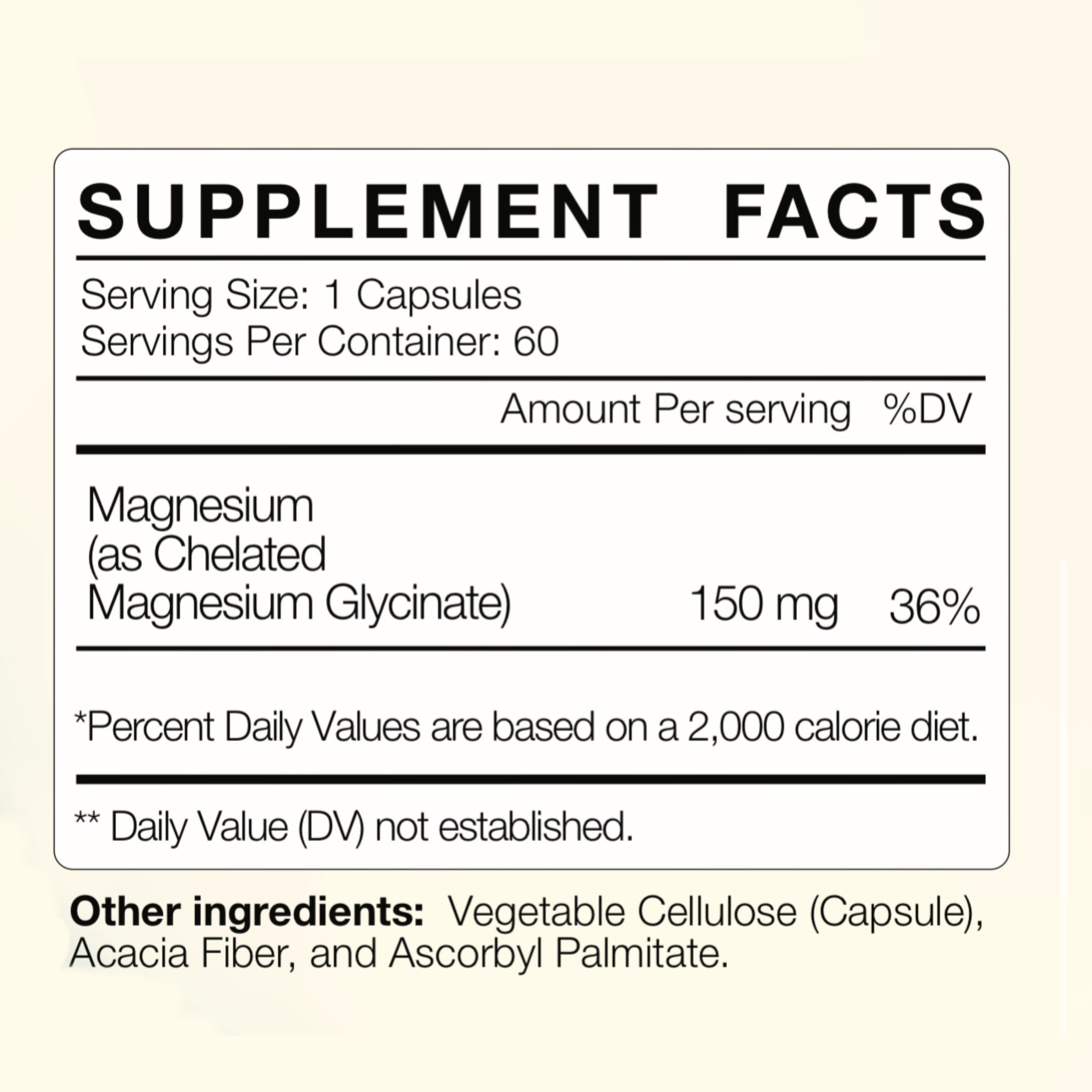Magnesium Glycinate (150 mg, Chelated) + Acacia fibre (175 mg)